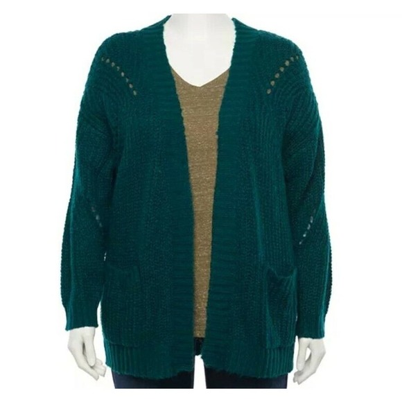 Evri Teal Chunky Knit Sweater Cardigan Womens 1x Open Front Pockets Boyfriend - Picture 1 of 12